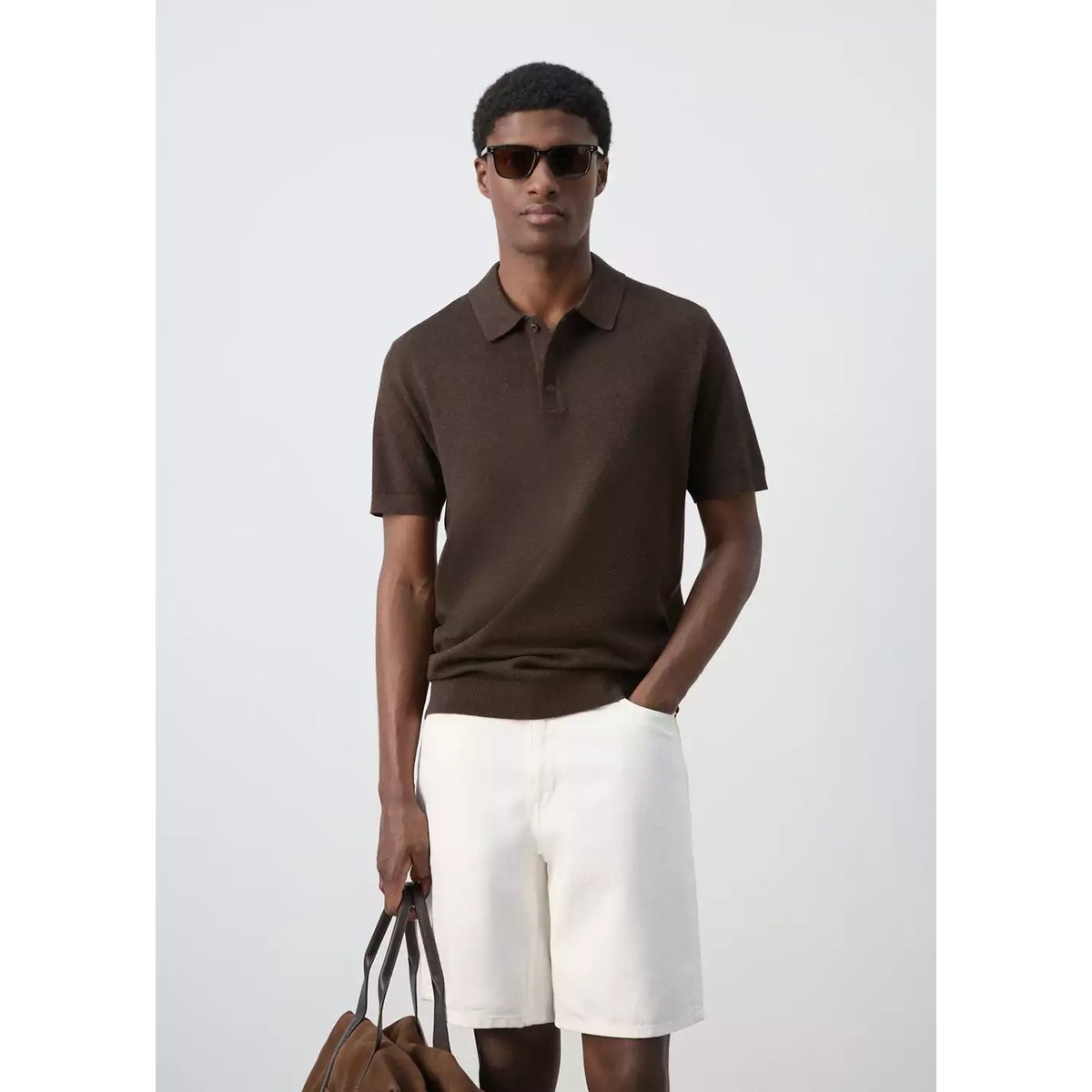 Polo mélange coton maille fine marron, MANGO MAN
