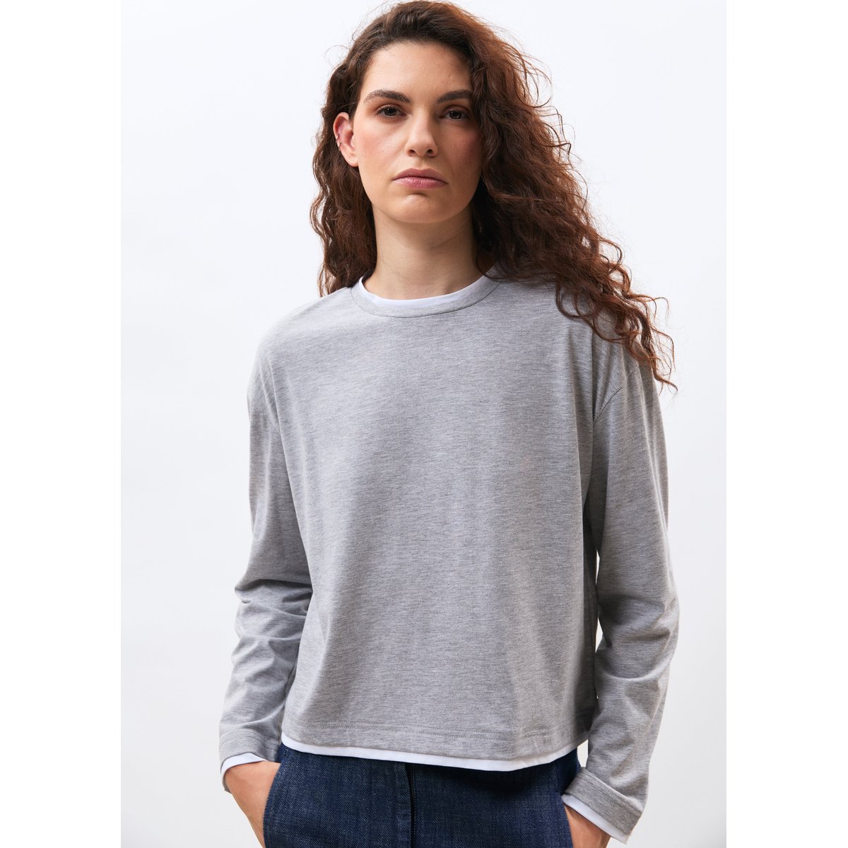 T-shirt en jersey manches longues col rond gris clair/blanc, HUMILITY