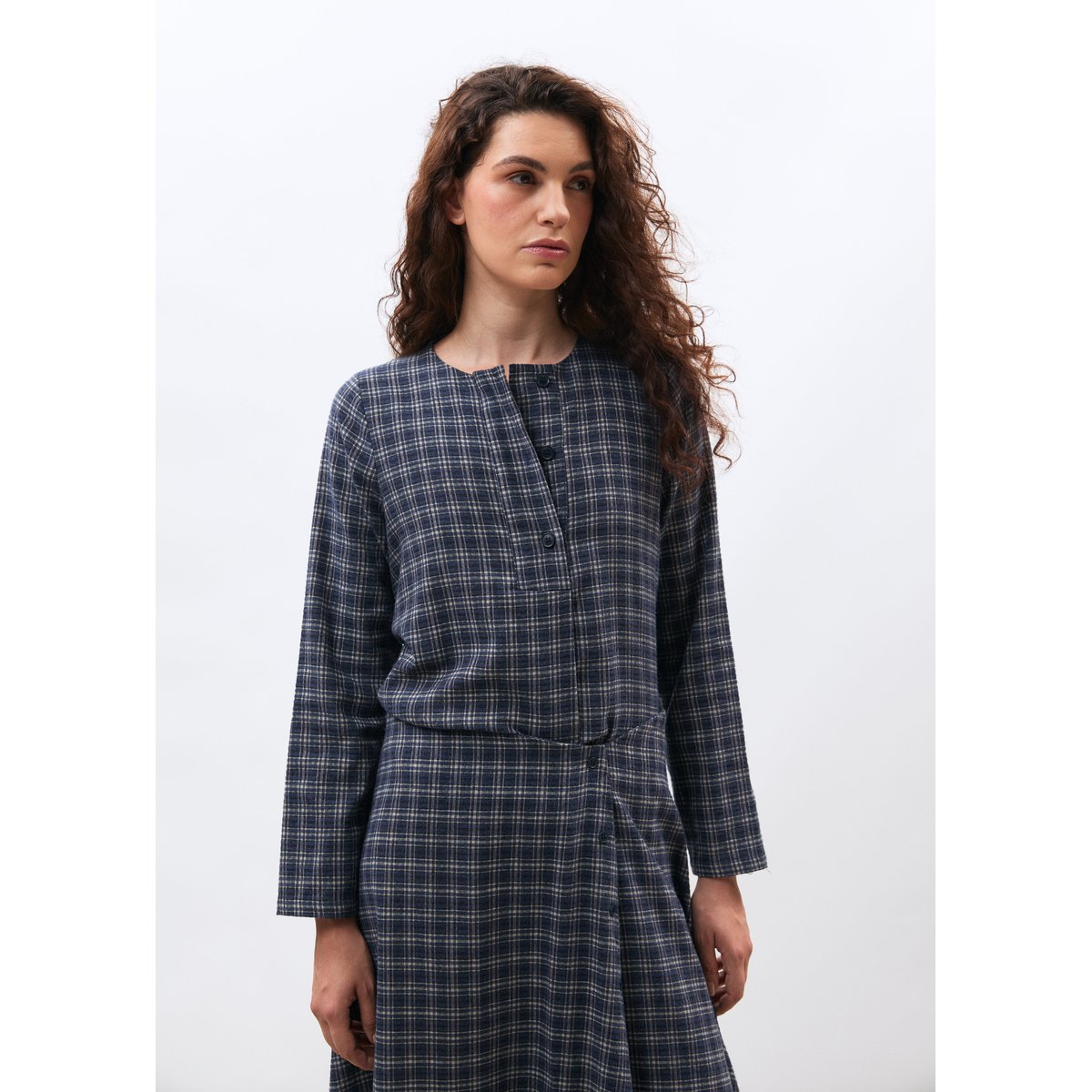 Blouse à carreaux manches longues col rond marine, HUMILITY