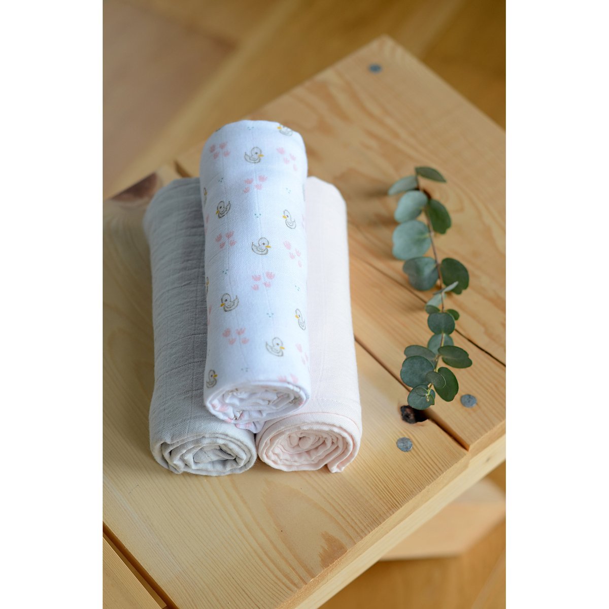 Lot de 3 langes en coton cygne rose gris, BEABA