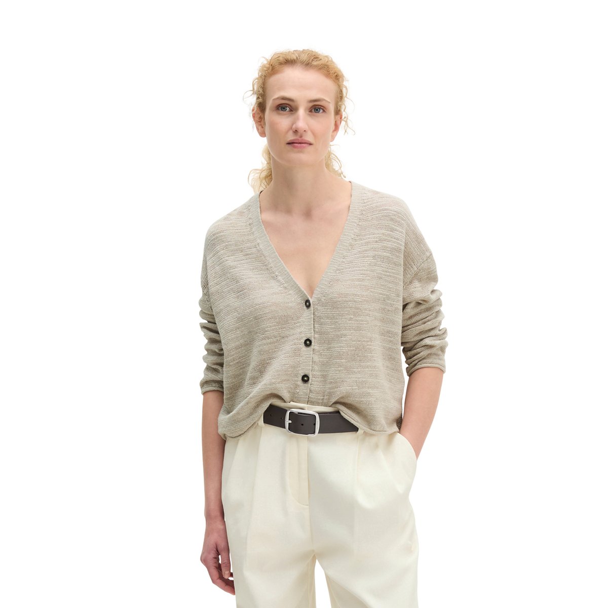 Slub-Cardigan loose en mélange de lin et de coton beige, MARC O'POLO