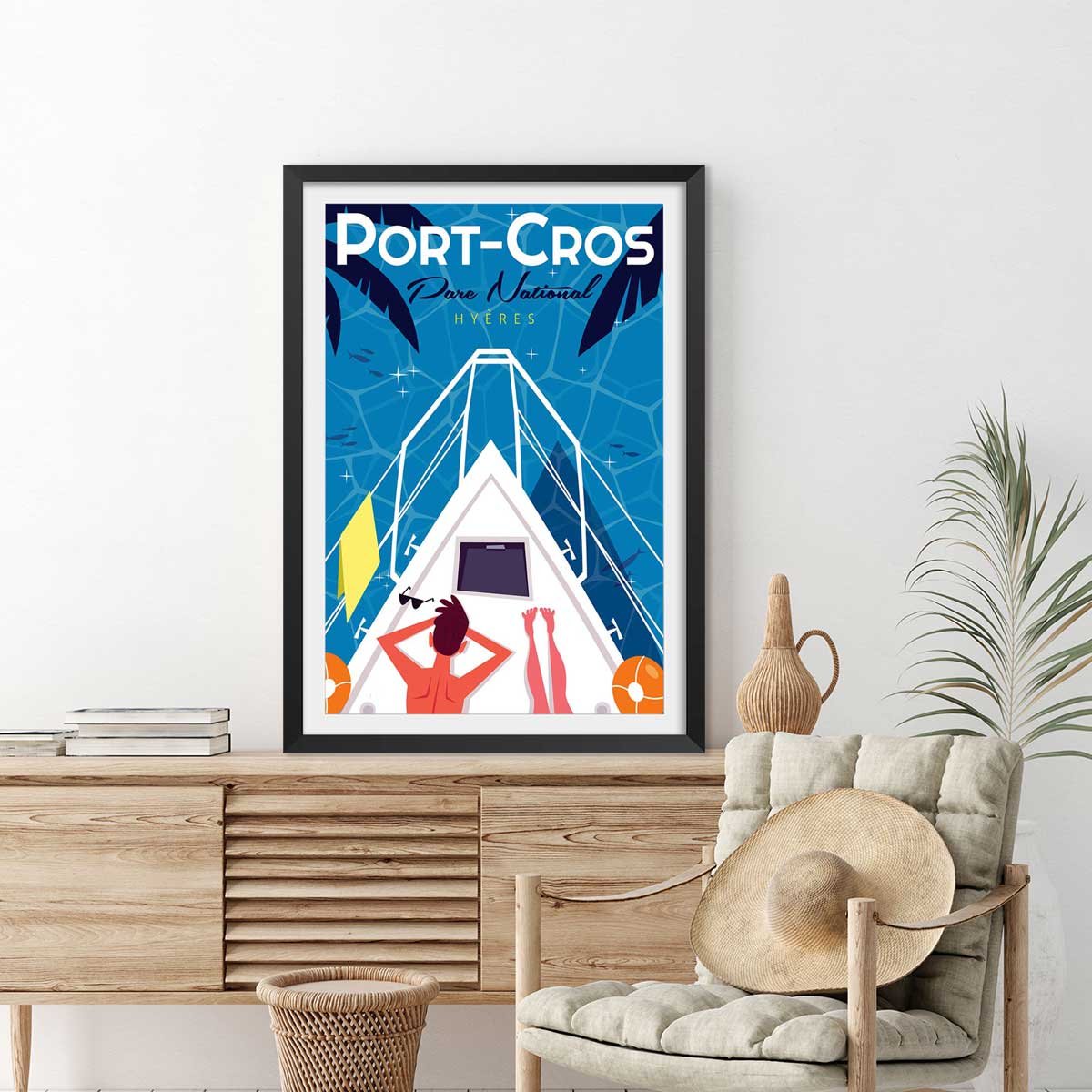 Poster de bronzette à port cros affiche + cadre en bois - noir, HEXOA