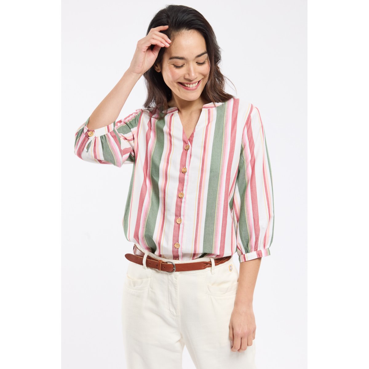 Chemise rayée en coton rayures ecru/garnet/shadow, ARMOR-LUX
