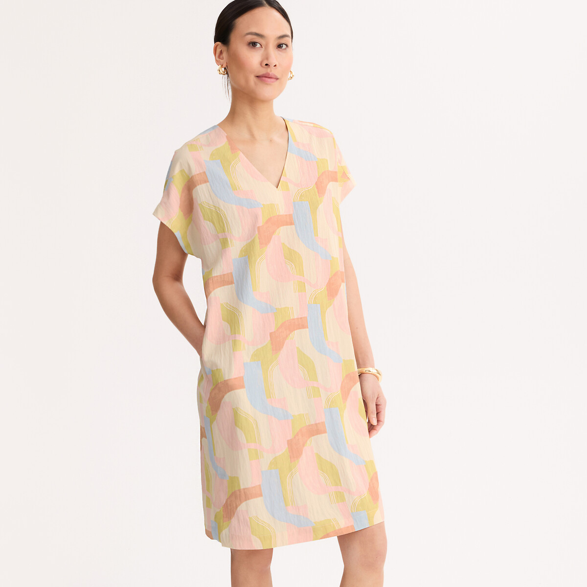 Robe longueur genou col V manches courtes imprimée imprimé multicolore, ANNE WEYBURN