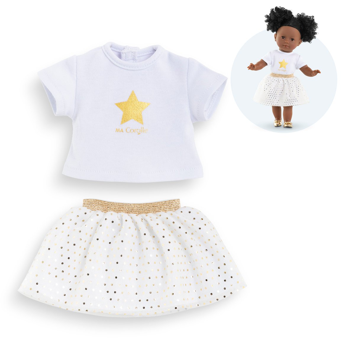 Ensemble Jupe & T Shirt Ivoire et Or pour poupée ma Corolle couleur unique, COROLLE
