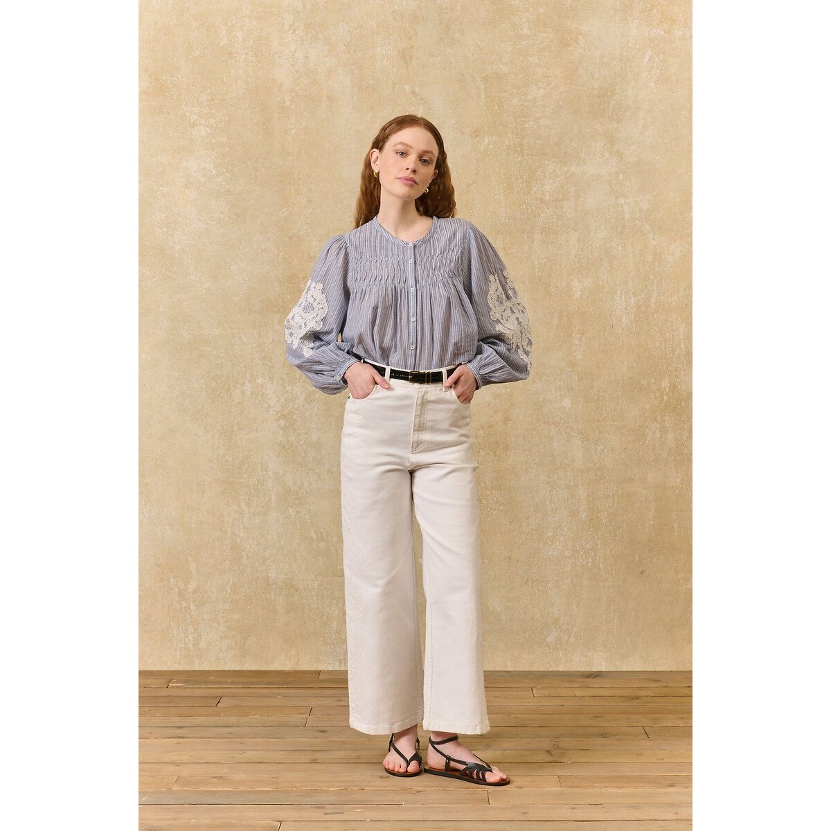 Gestreepte en geborduurde blouse met lange mouwen en ronde hals, JALLY gestreept blauw/wit , LOUISE MISHA