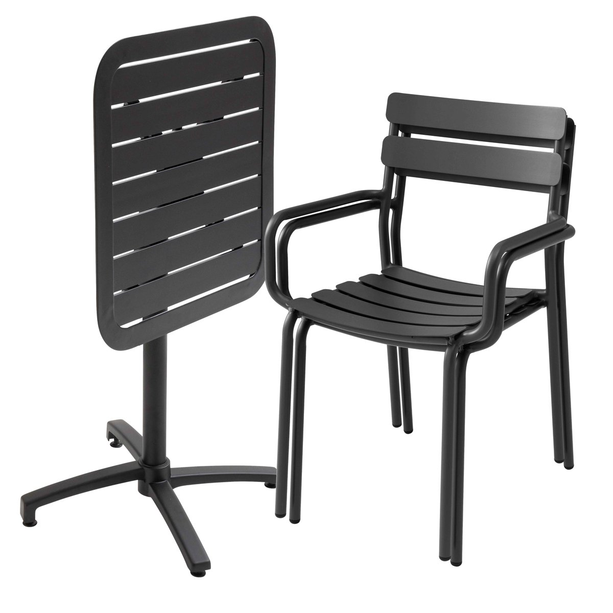 Table de terrasse 70x70 cm inclinable en aluminium et 2 chaises avec accoudoirs, ALMADA noir, OVIALA