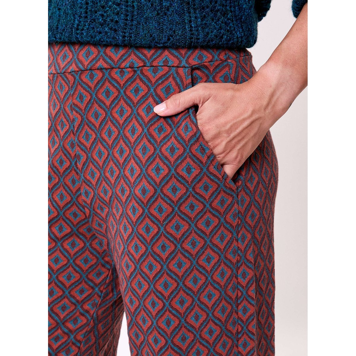 Pantalon ample maille jaquard recyclée PALMERO marron bleu, PRINCESSE NOMADE