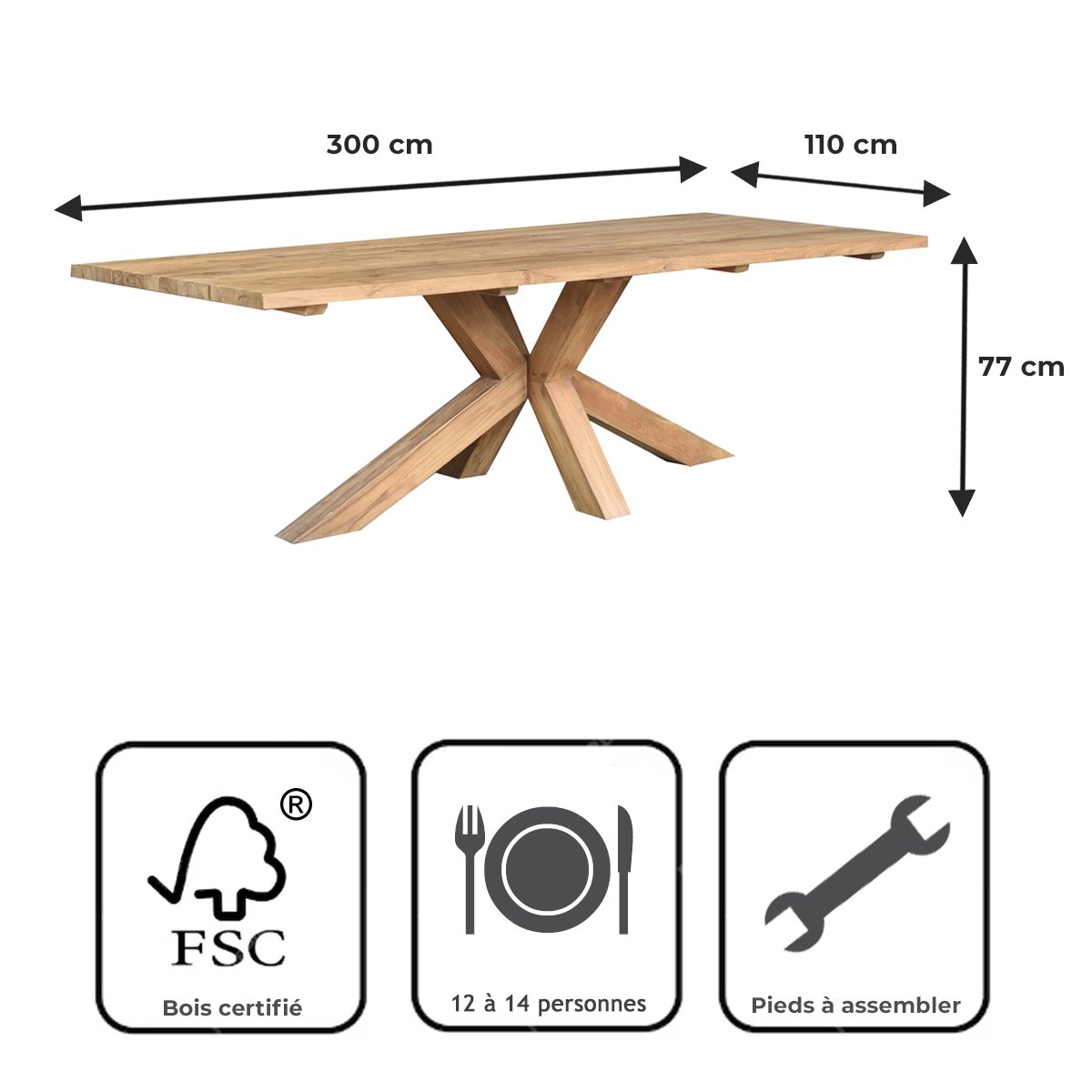 Table en teck recyclé 300 cm, Conceptual naturel, GECKO JARDIN