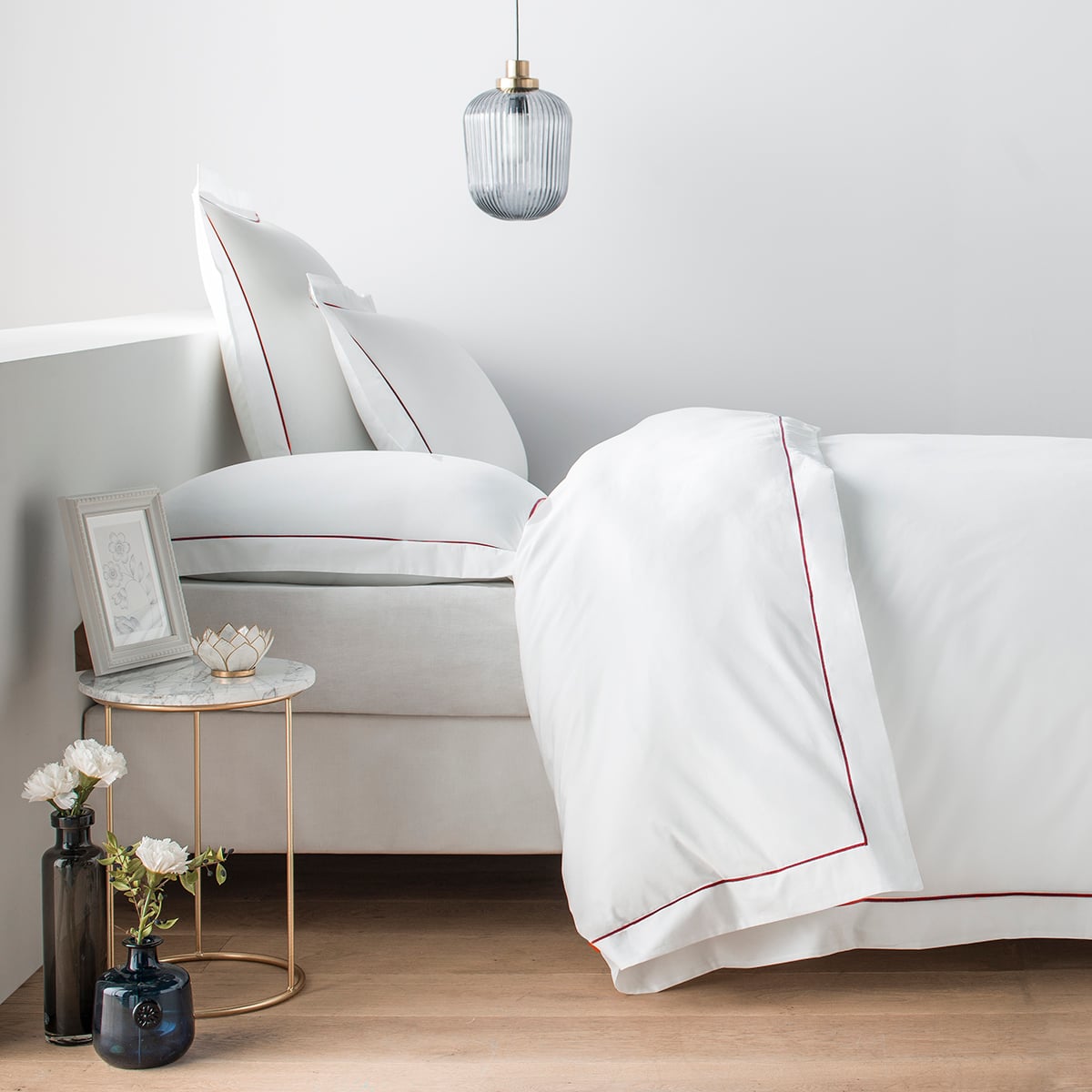 Parure percale de coton peigné 160 fils-Taies carrées FLORENCE blanc, COTTON & CO