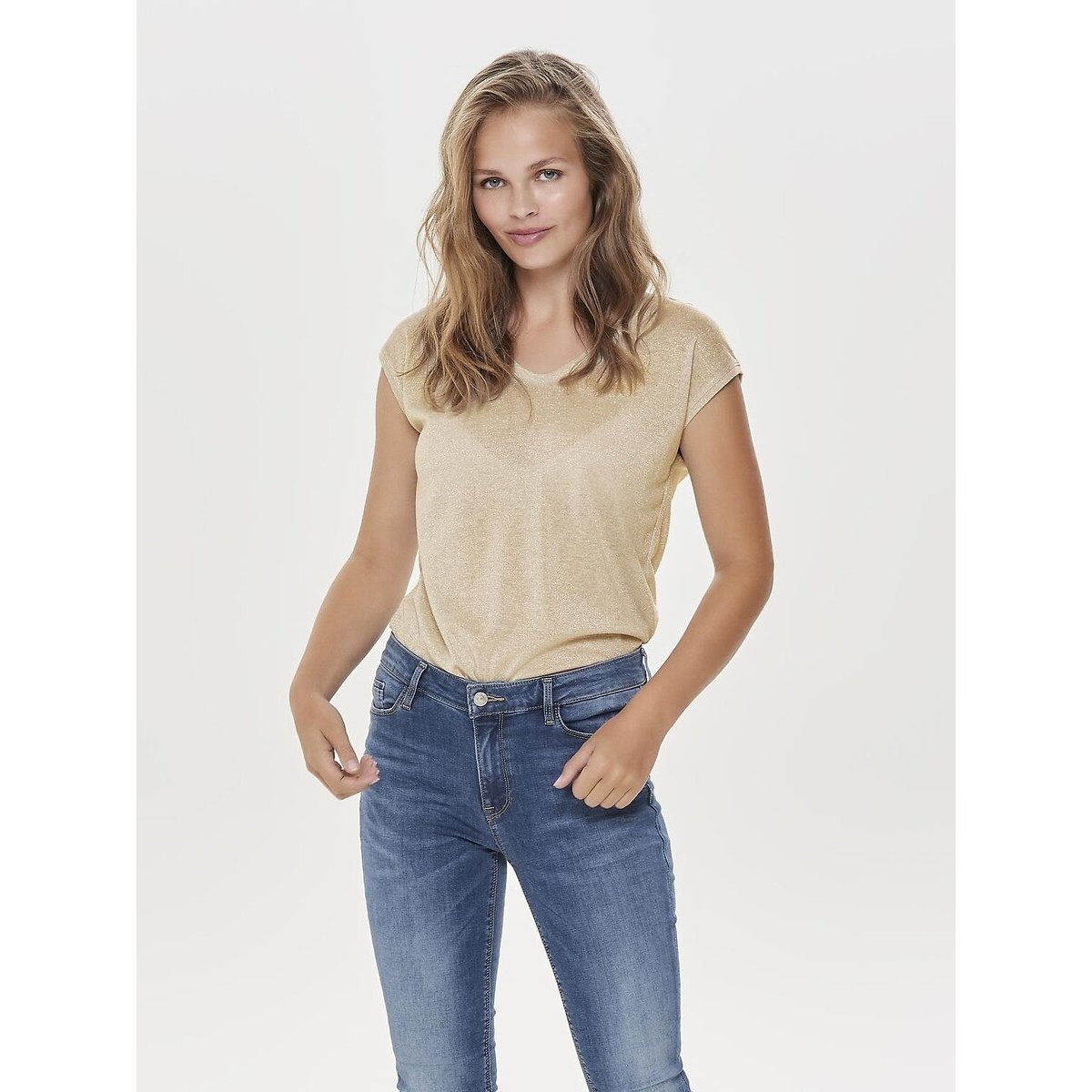Metallic V-Neck T-Shirt with Short Sleeves gold-coloured, ONLY