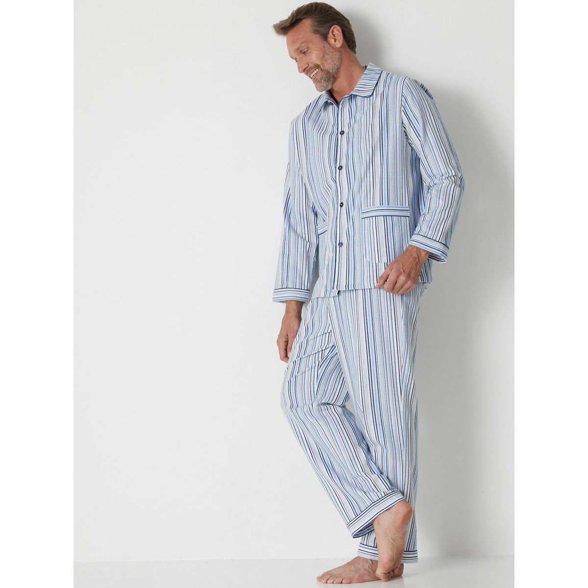 Pyjama classique flanelle pur coton rayé bleu ciel, DAXON