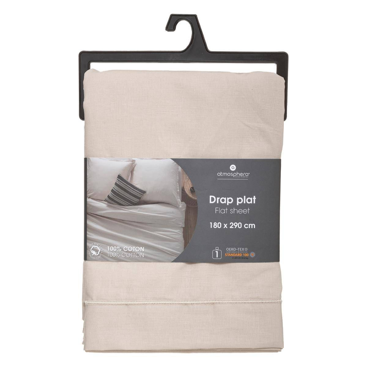 Drap plat 100% coton CARINA beige lin, ATMOSPHERA