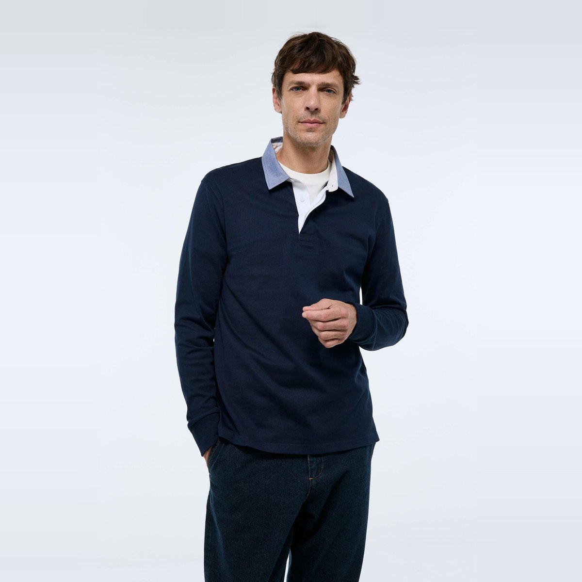 Polo manches longues en coton BIO GOTS marine, MONOPRIX