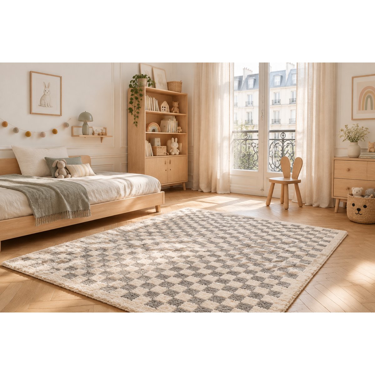 Tapis damier poils longs doux et volumineux CHECKERS gris minéral, AFK LIVING