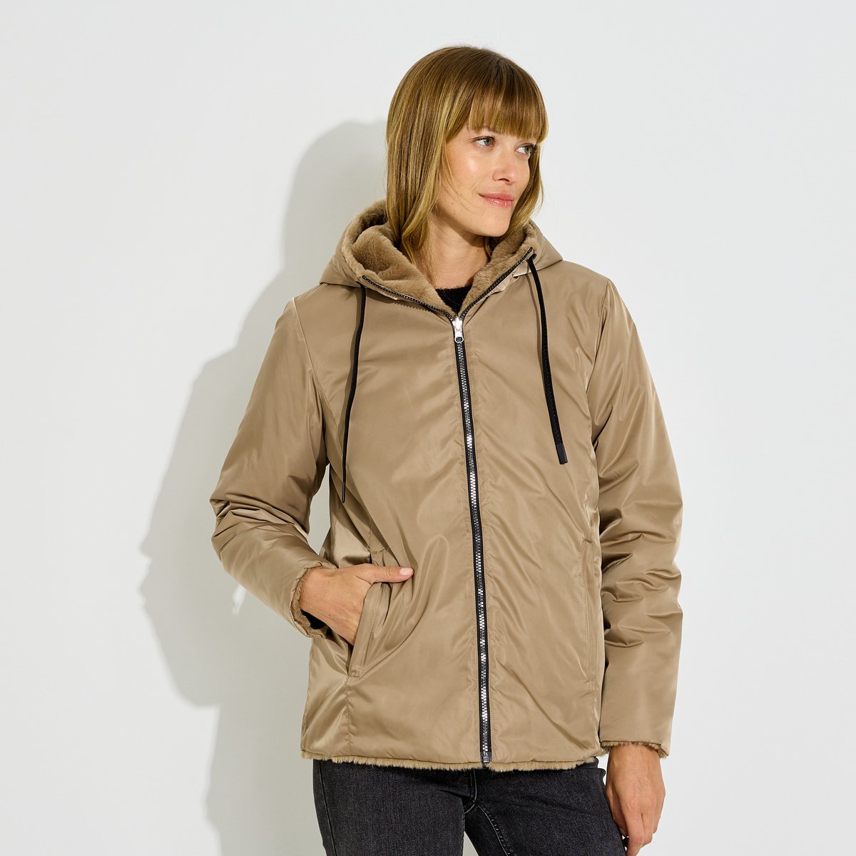 Manteau chaud réversible à capuche beige, GRAIN DE MALICE