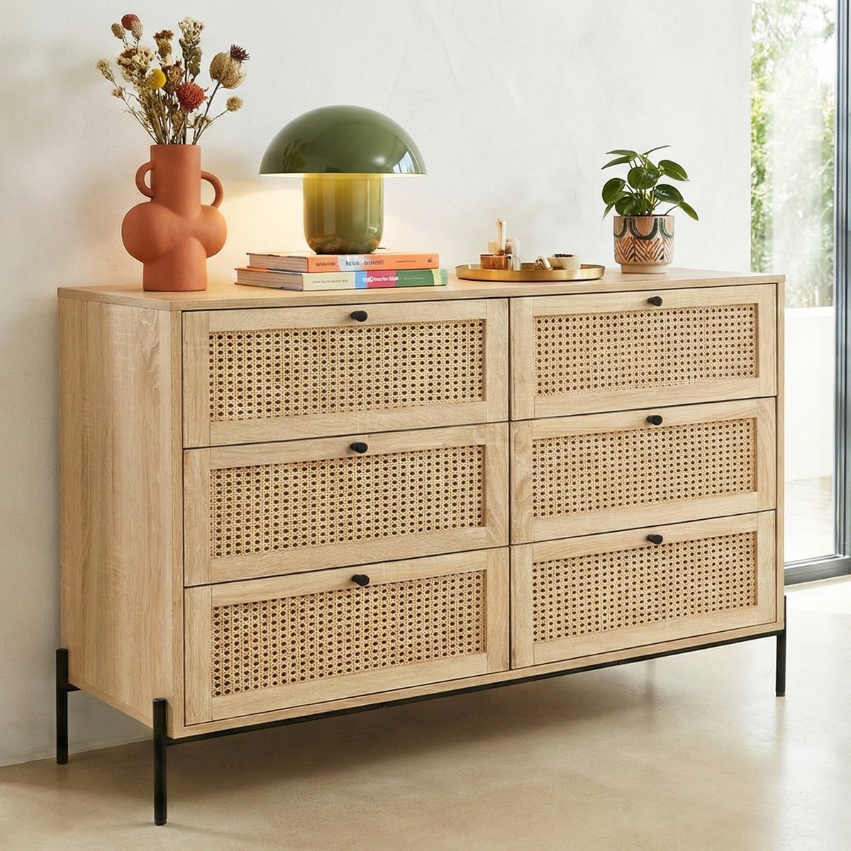Commode 6 tiroirs en cannage et effet chêne - IRIS naturel, HOMIFAB