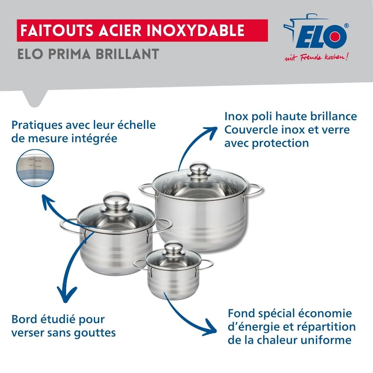 Batterie 1 poêle 32cm + 3 faitouts 12/16/20cm PRIMA BRILLANT noir, ELO