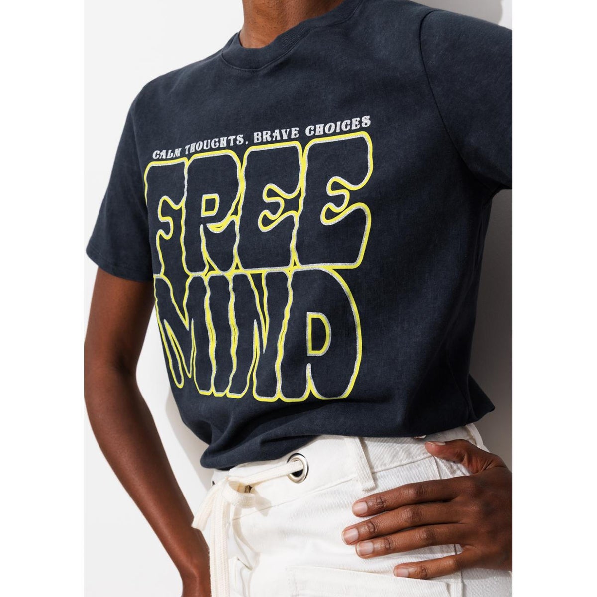 T-shirt à message 'free mind' imprimé bleu, PROMOD