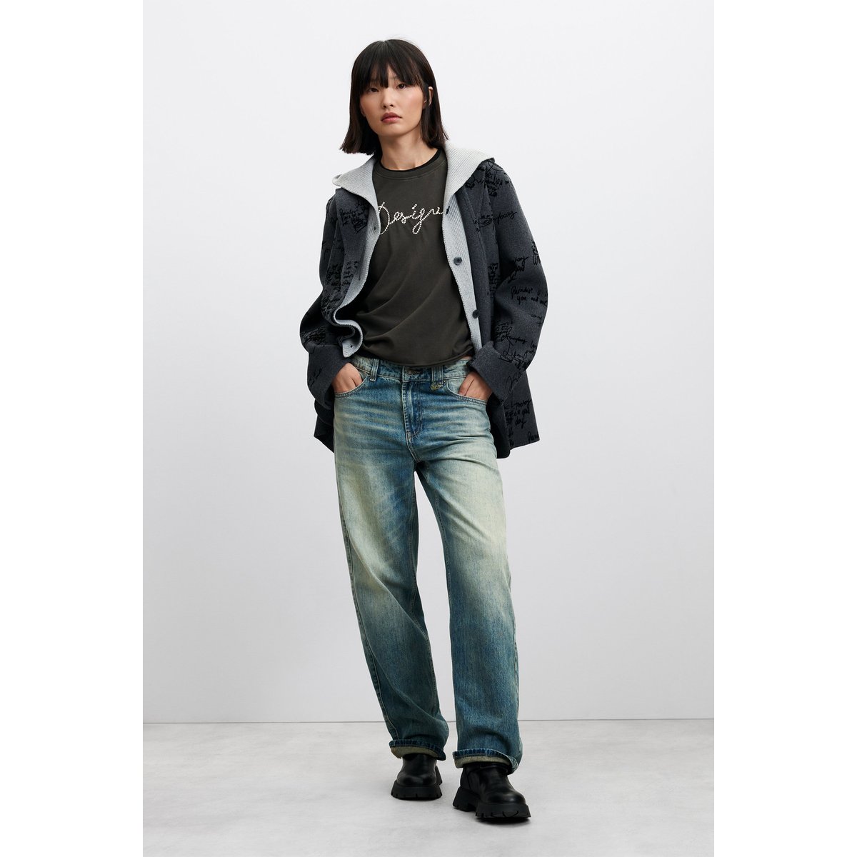 blazer droite en laine à motif graffiti noir, DESIGUAL