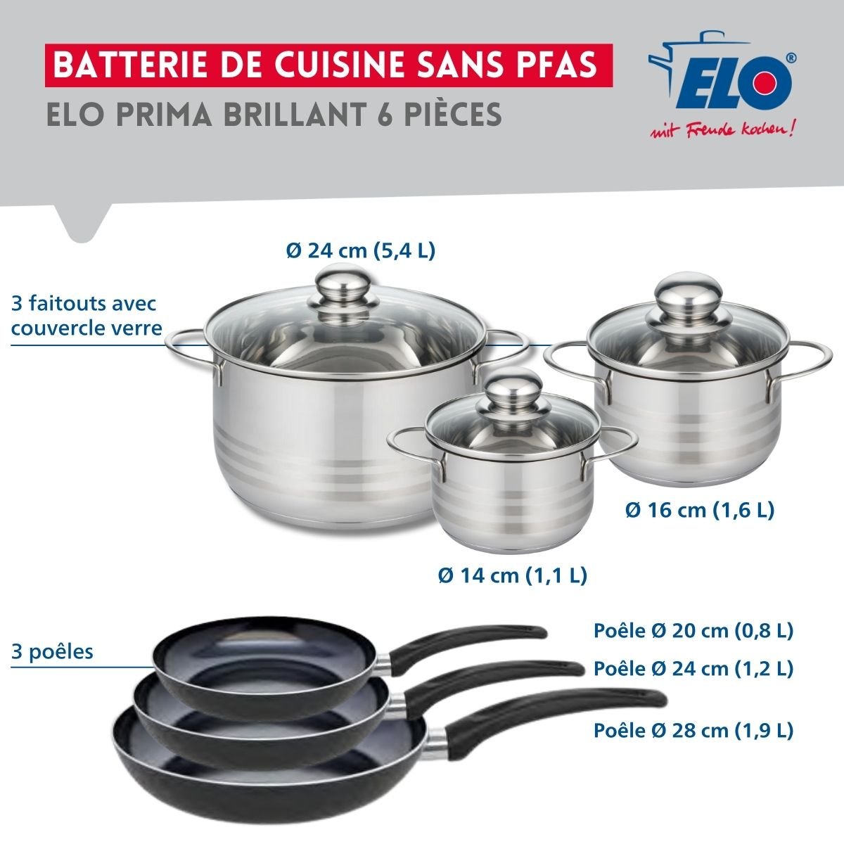 3 poêles 20/24/28cm + 3 faitouts 14/16/24cm PRIMA BRILLANT noir, ELO