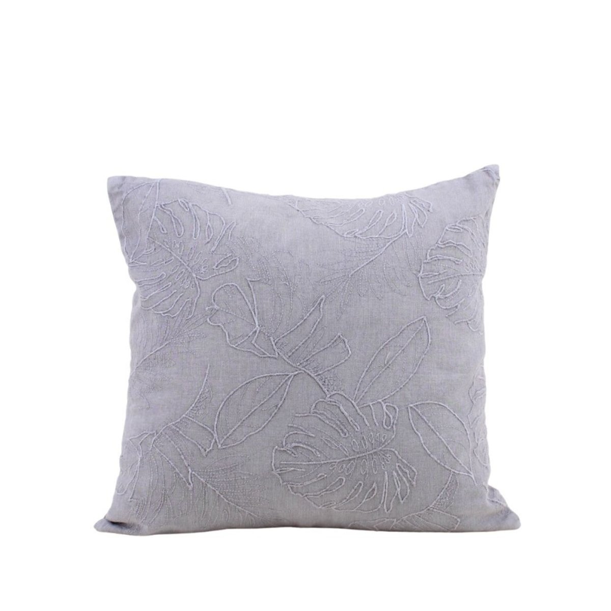 Coussin brodé feuillage avec lin 40x40cm gris, ORNAMI