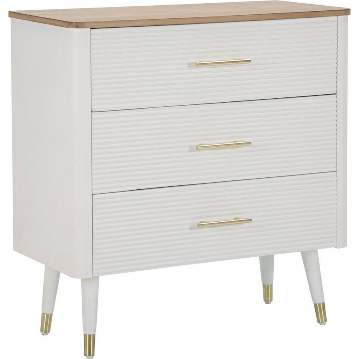 Commode frêne et pin 3 tiroirs poignées laiton blanc et brun avec détails dorés, RECOLLECTION