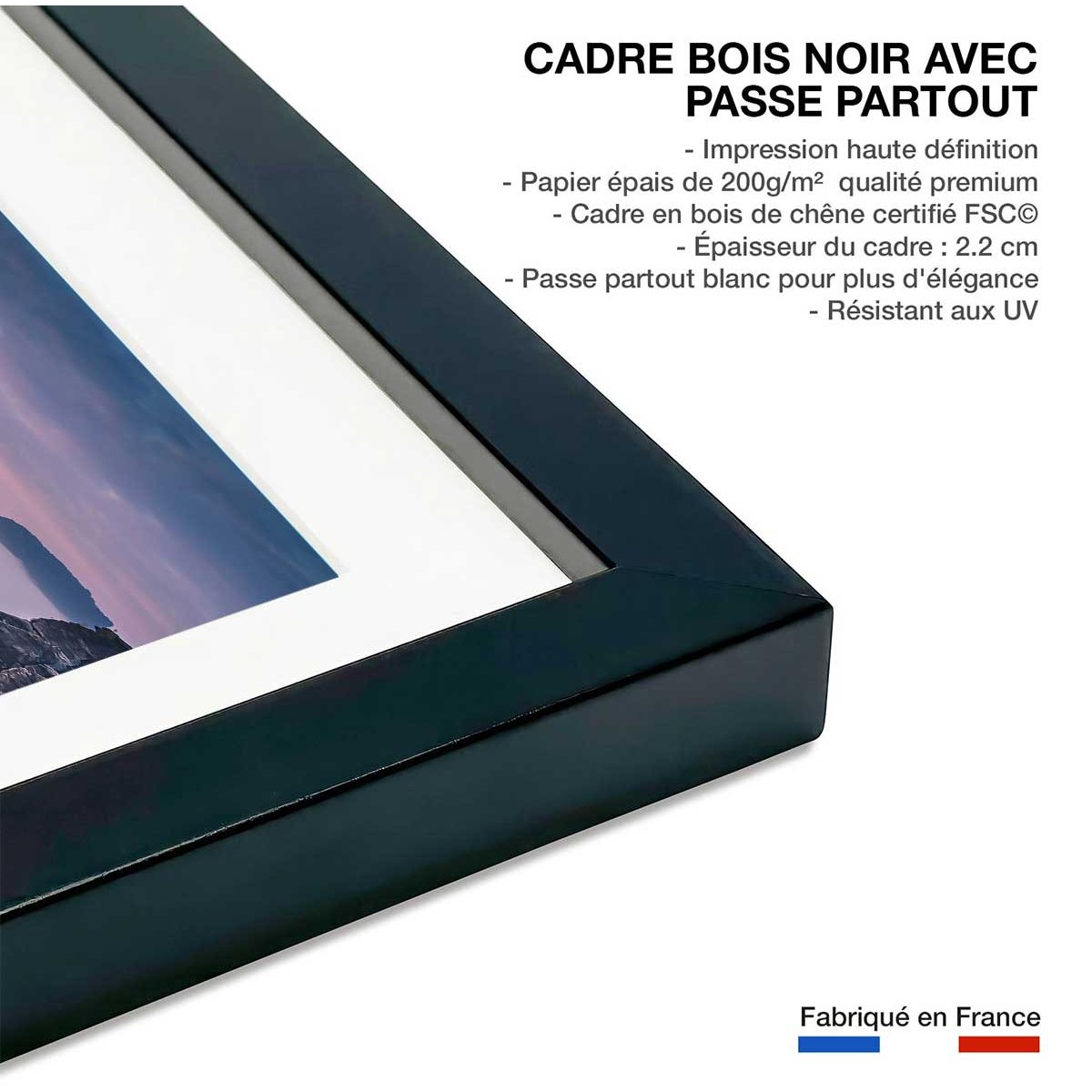 Affiche paysage sunrise on the rocks affiche + cadre en bois - noir, HEXOA