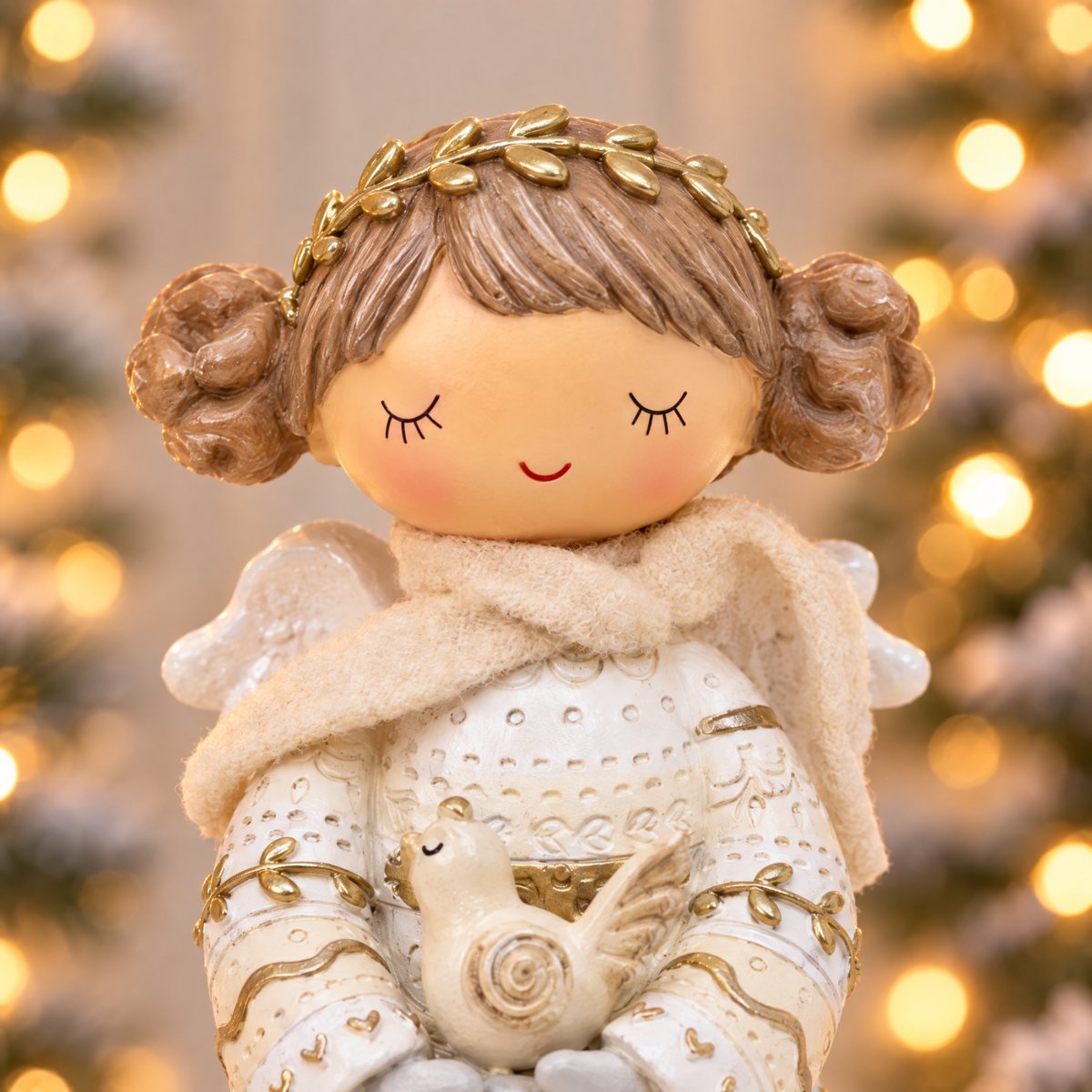 Figurine ange à l'oiseau de noël décorative artificielle H19 ELFIE beige, SIA
