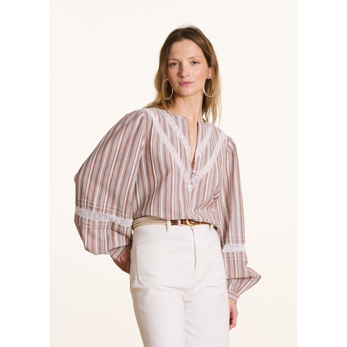 Blouse manches longues à rayures en coton blanc/marron, LA FEE MARABOUTEE