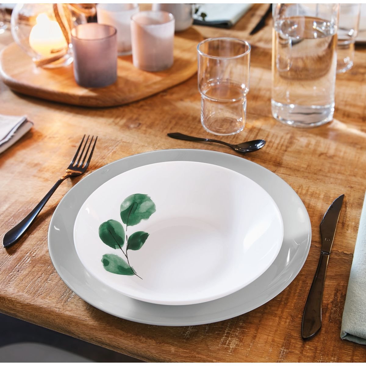 6 Assiettes creuses 20 cm -EUCALYPTUS blanc, LUMINARC