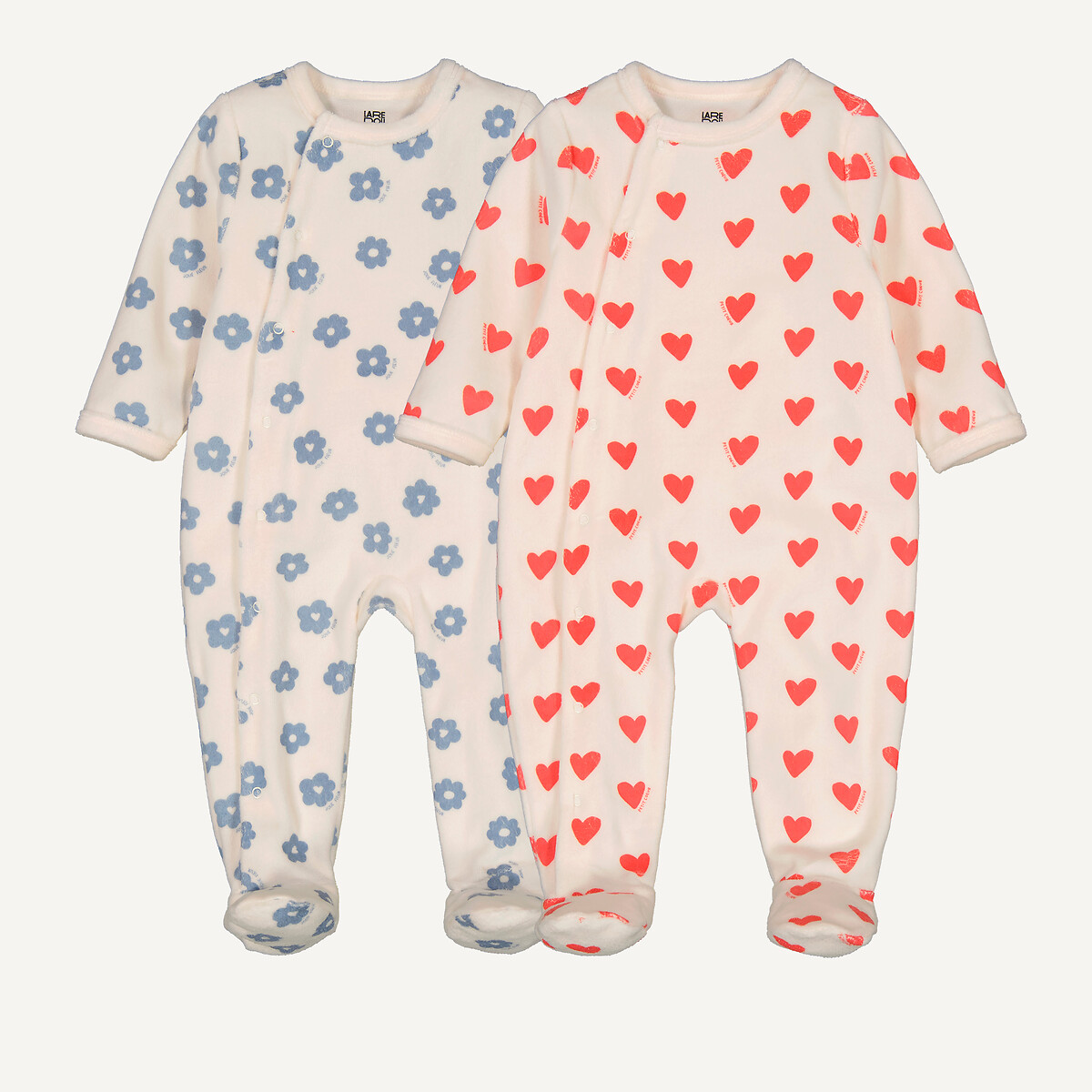 Lot de 2 pyjamas 1 pièce velours, coeurs et fleurs assortis, LA REDOUTE COLLECTIONS