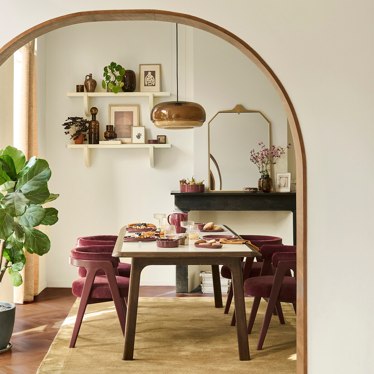 Vintage eetkamerstoel, massief essenhout en fluweel, VALENTINA bordeaux , LA REDOUTE INTERIEURS