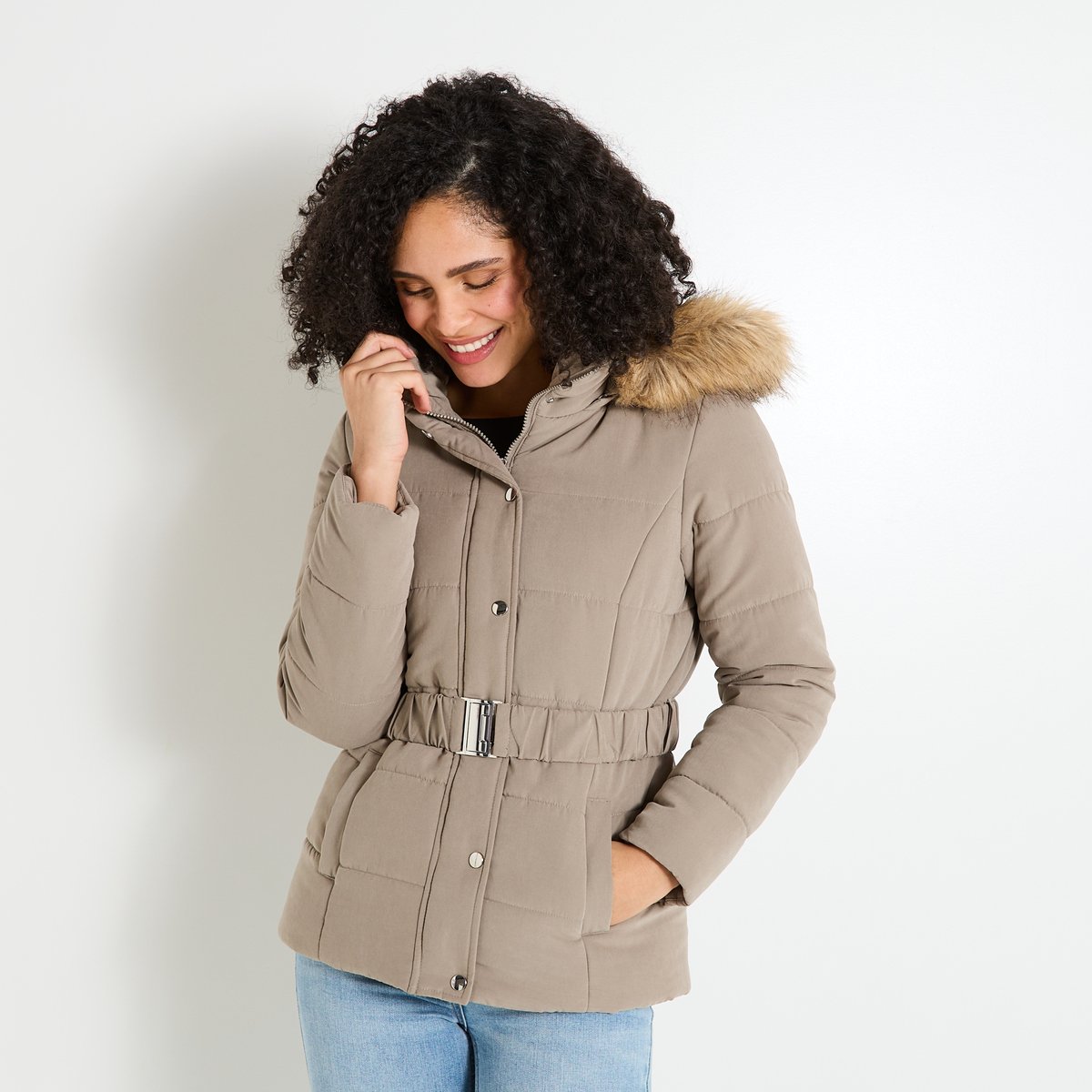 Doudoune courte ceinturée beige greige, GRAIN DE MALICE
