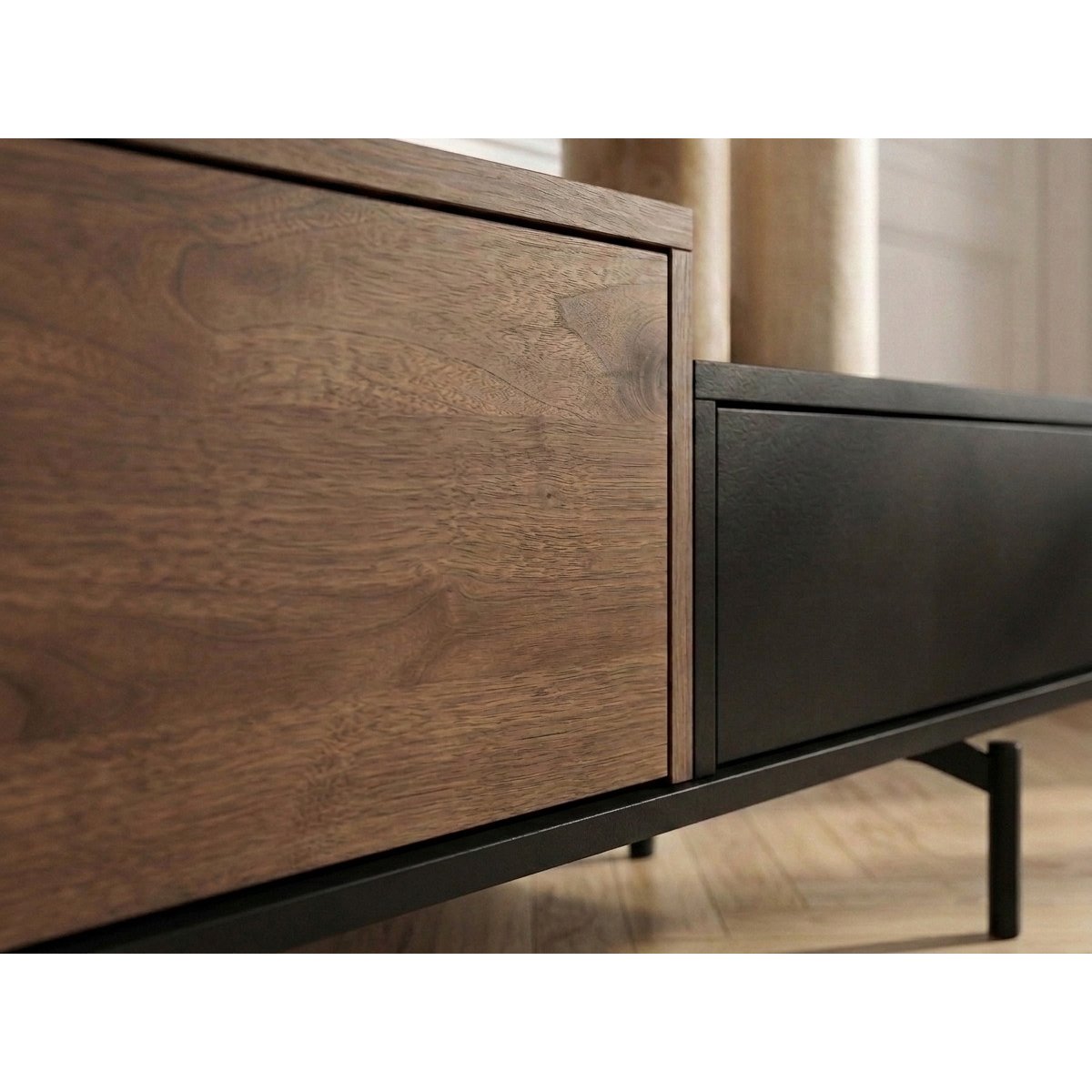 Meuble TV 200 cm , FREDA noir et noyer, BOBOCHIC