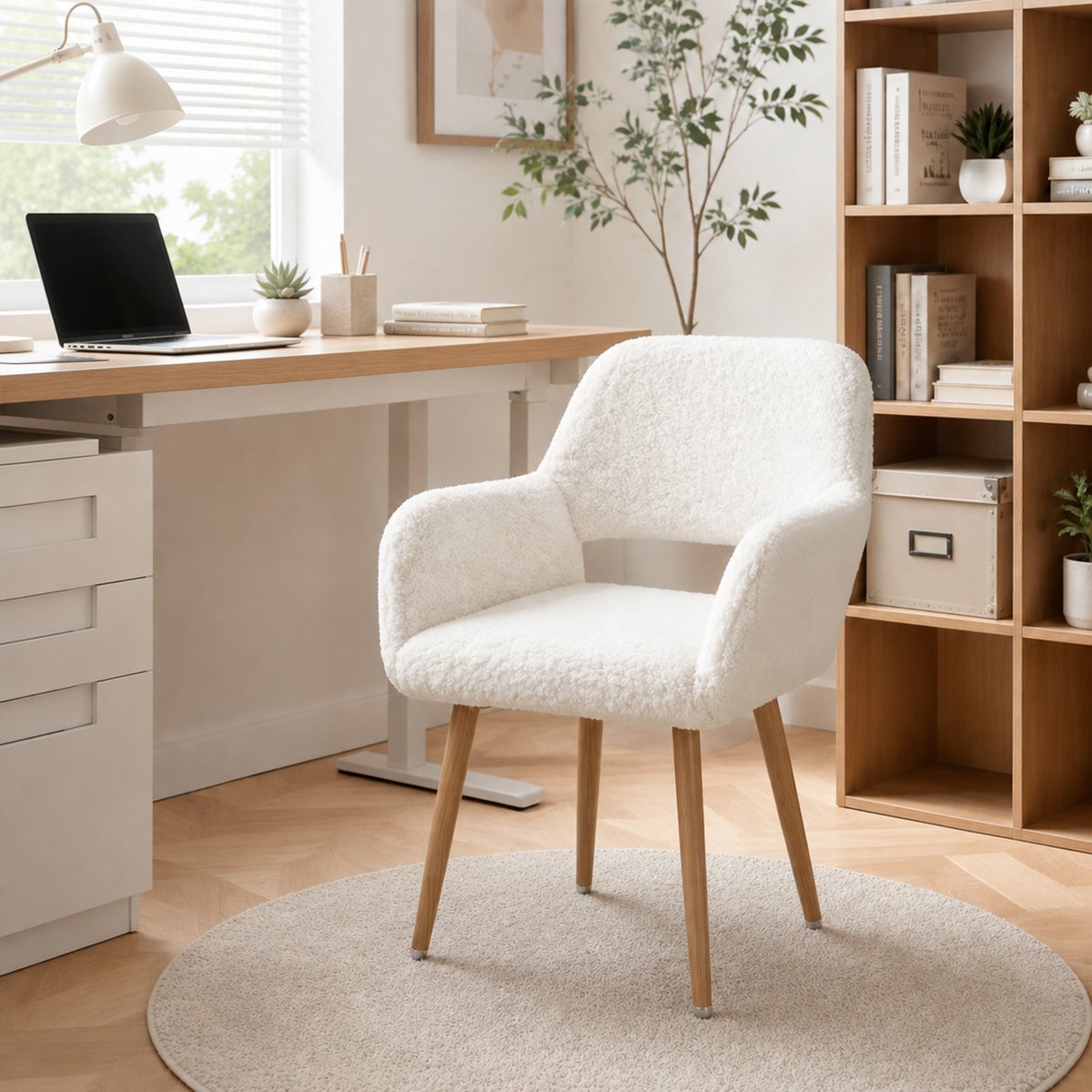 Fauteuil de bureau style scandinave en tissu effet poil de lapin, CROMWELL PELUCHEO blanc, MEUBLES COSY