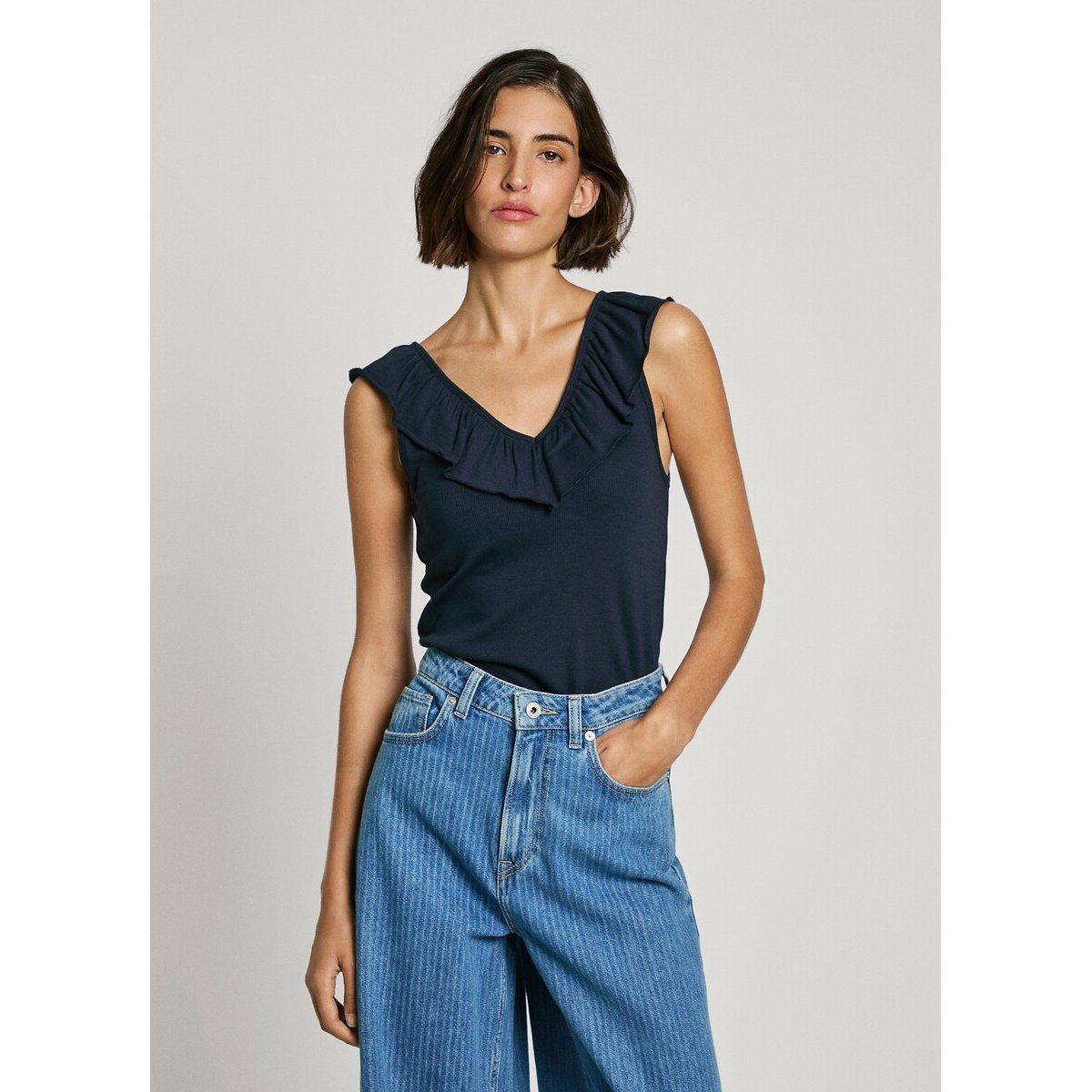 V-Neck, Ruffled, Ribbed T-Shirt midnight blue, PEPE JEANS