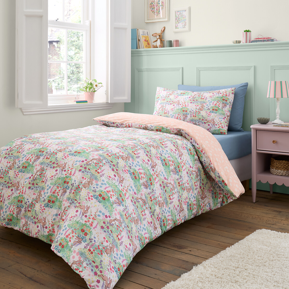 Meadow Bunnies Reversible Cotton Duvet Cover And Pillowcase Set blue, BELLE & BOO