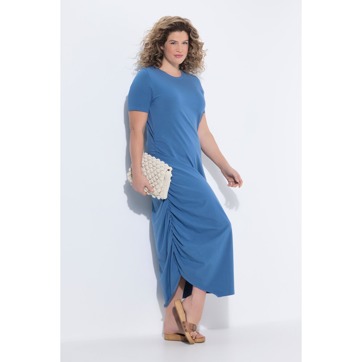 Robe maxi en coton bio, effet drapé bleu jean, ULLA POPKEN