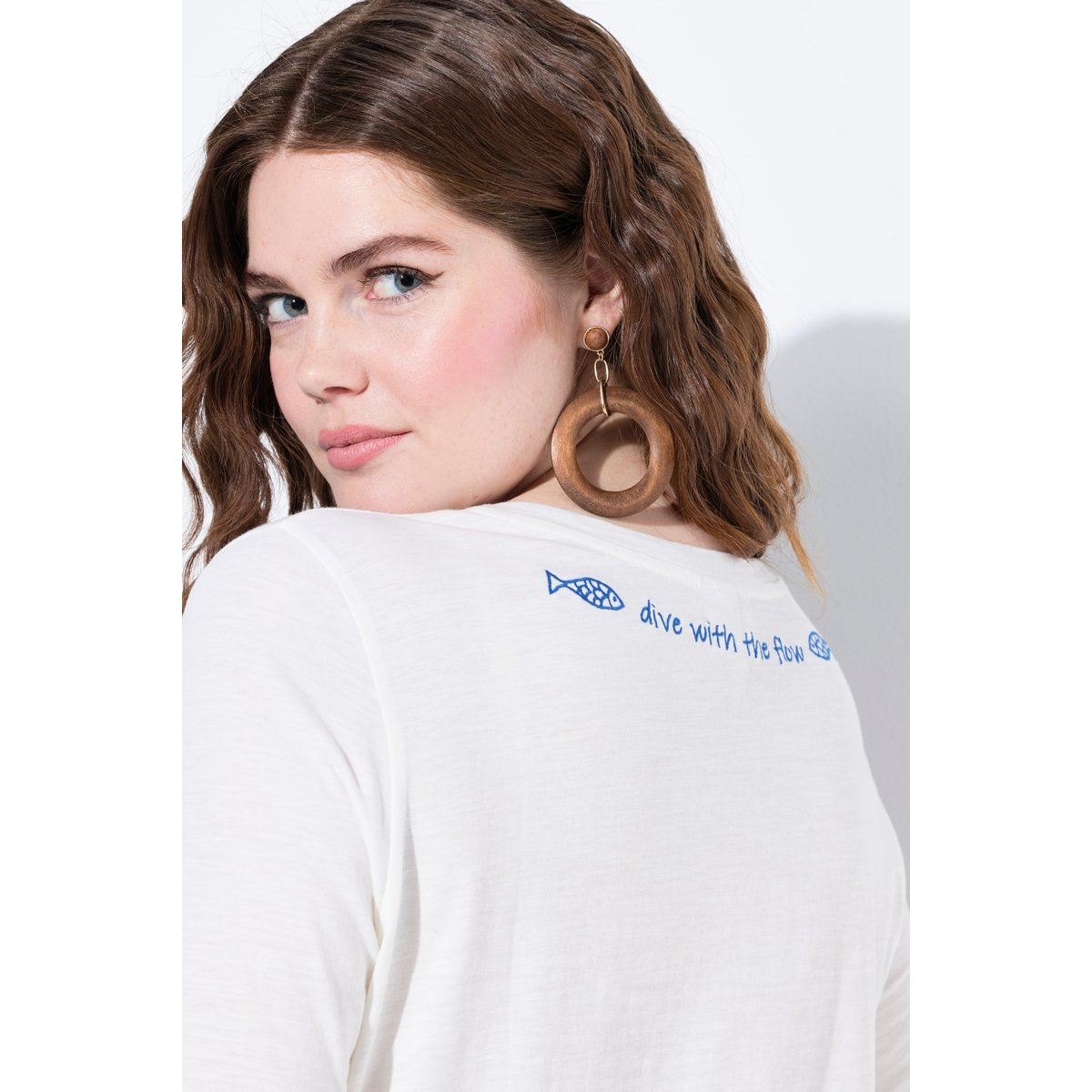 T-shirt, broderie, col rond blanc cassé, ULLA POPKEN
