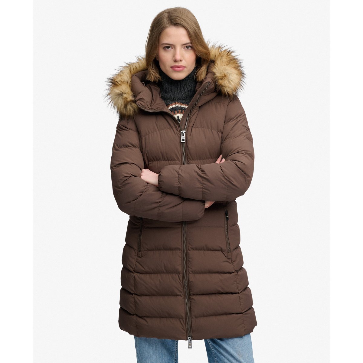 Manteau Fuji Mi-Long à Capuche en imitation Fourrure marron fougère, SUPERDRY