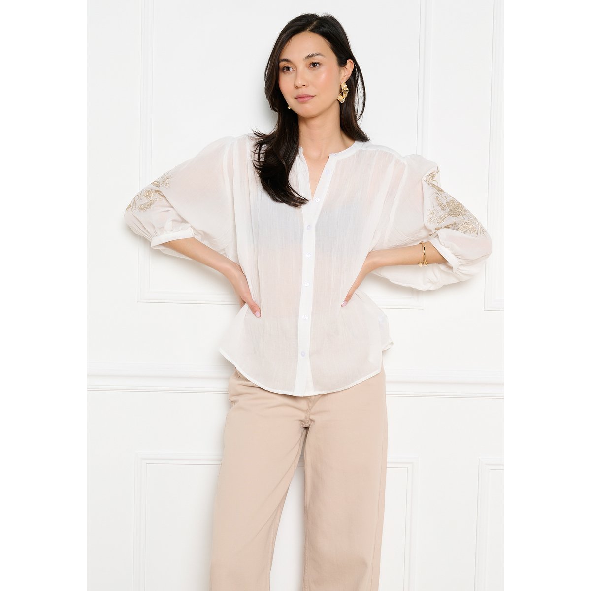 Blouse brodée coupe fluide blanc, LOLALIZA