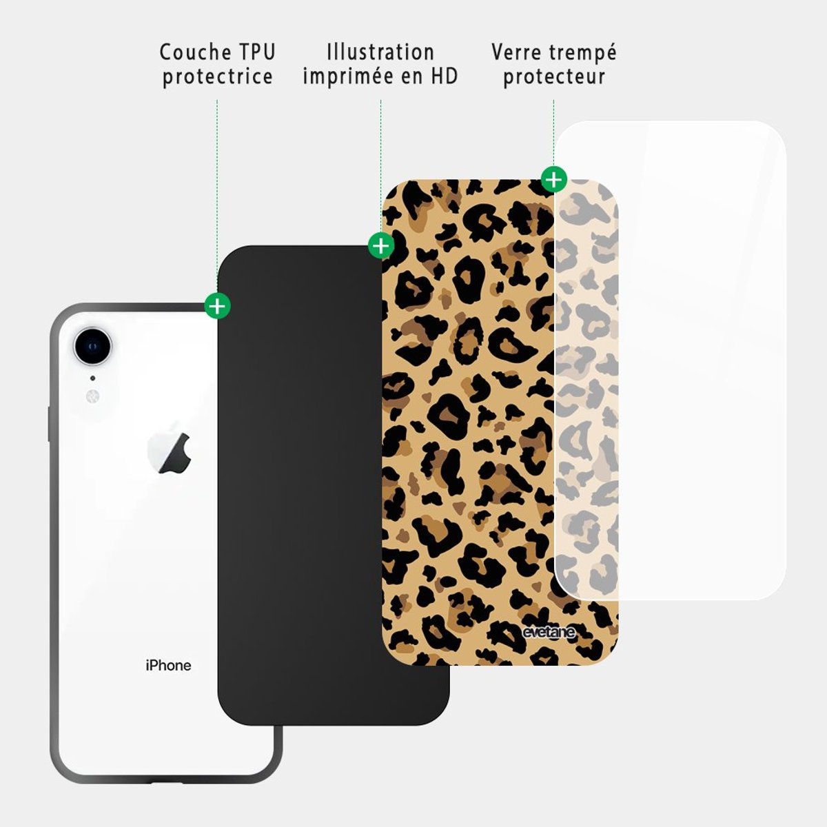 Coque en verre trempé iPhone Xr léopard beige, EVETANE