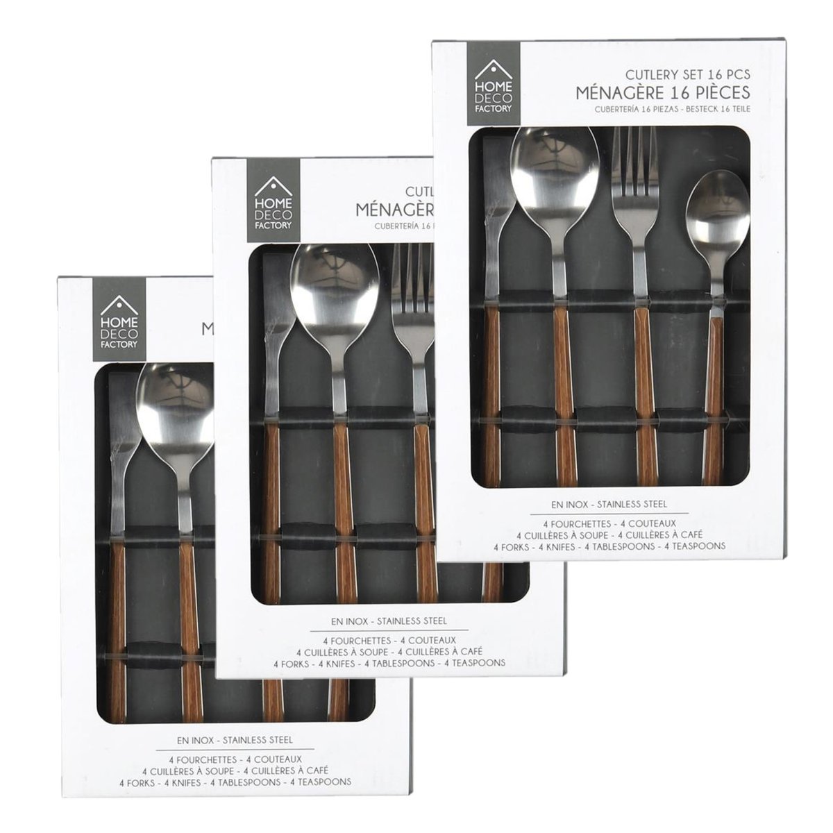 Lot de 3 ménagères avec manche effet bois 48 pièces marron, TOILINUX