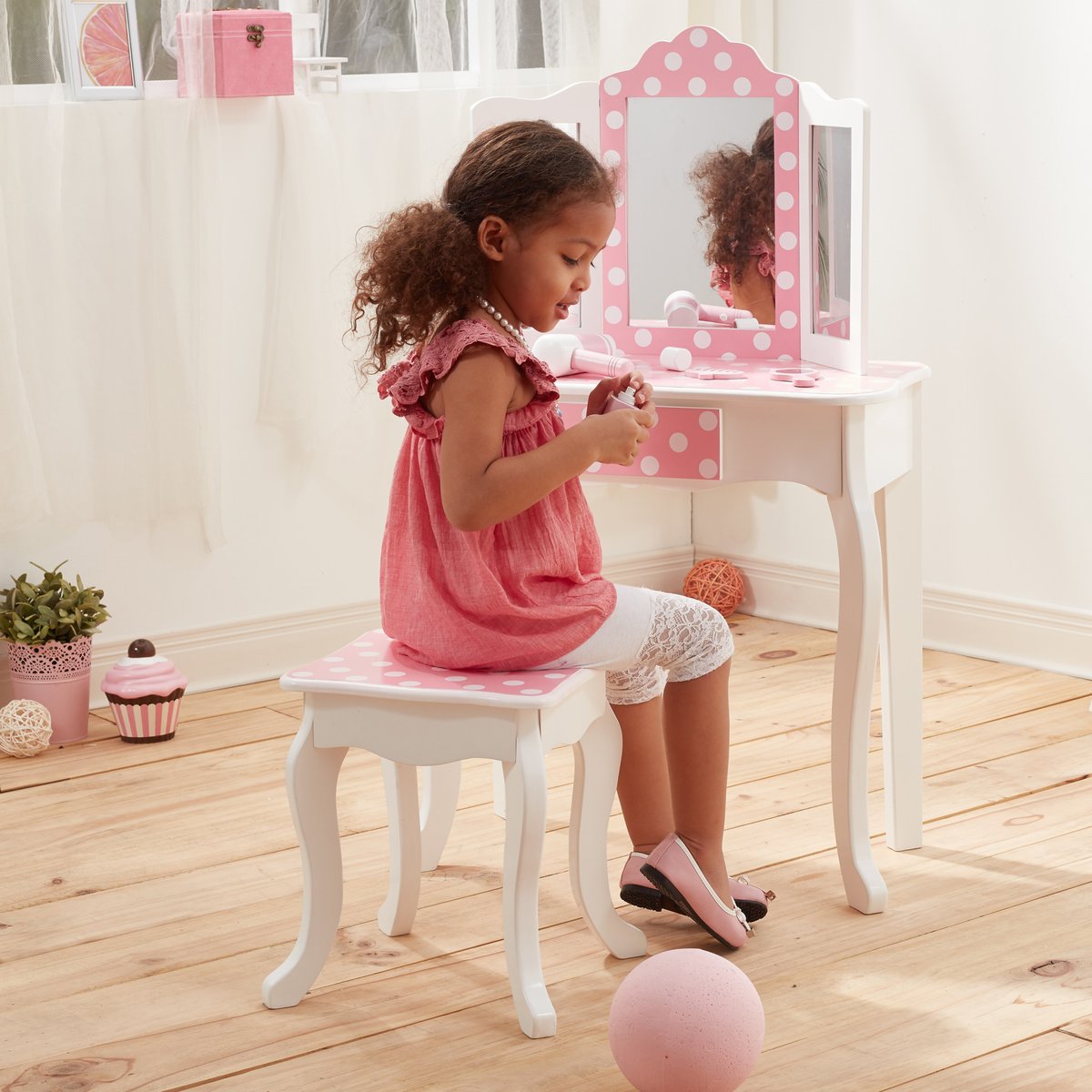 Coiffeuse Tabouret Enfant Bois avec miroir, tiroir et tabouret, FASHION PRINTS multicolore, TEAMSON KIDS
