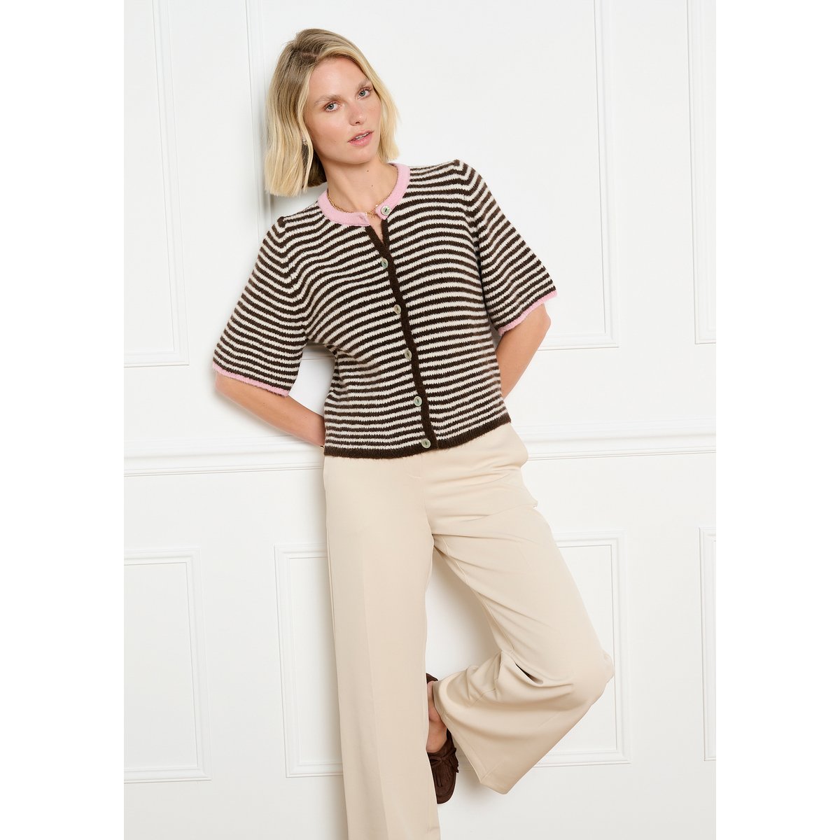 Gilet rayé maille douce rose bubblegum, LOLALIZA