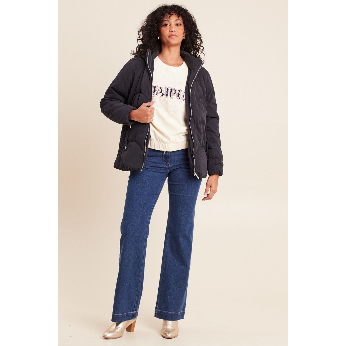 Sweat col rond broderie manches longues ecru, BREAL