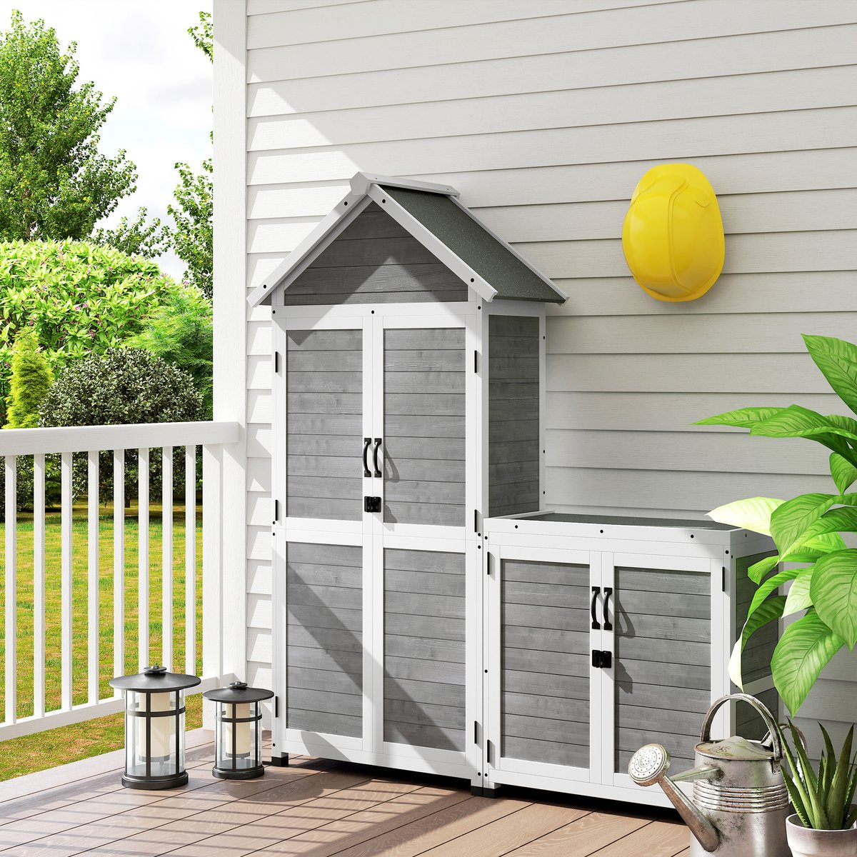 Ensemble armoire de jardin avec coffre extérieur assorti bois gris, OUTSUNNY
