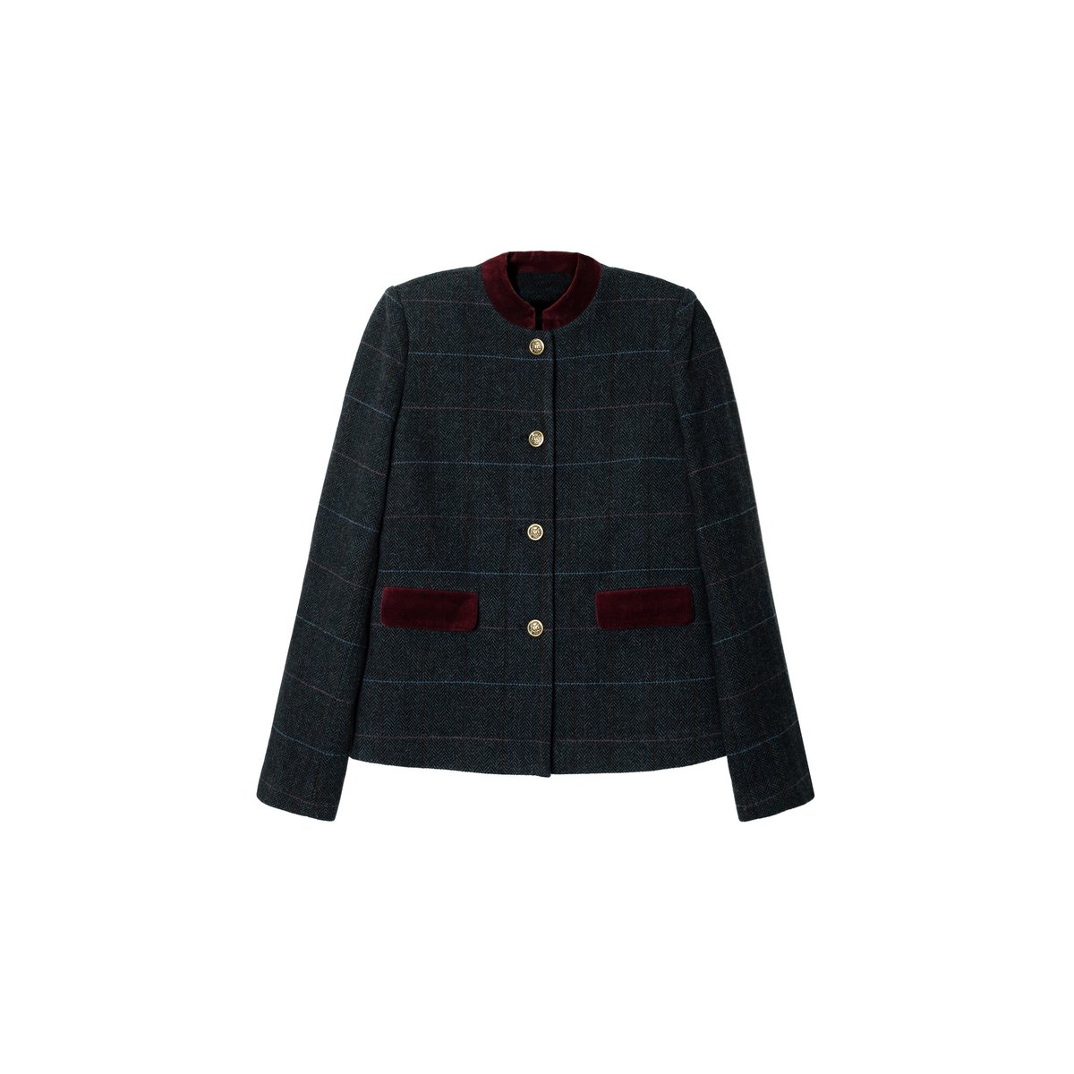 Veste à motif chevron bleu et gris avec détails en veloursVeste courte à carreaux avec détails en velours bordeaux et boutons dorés tableaux, THE-ARE