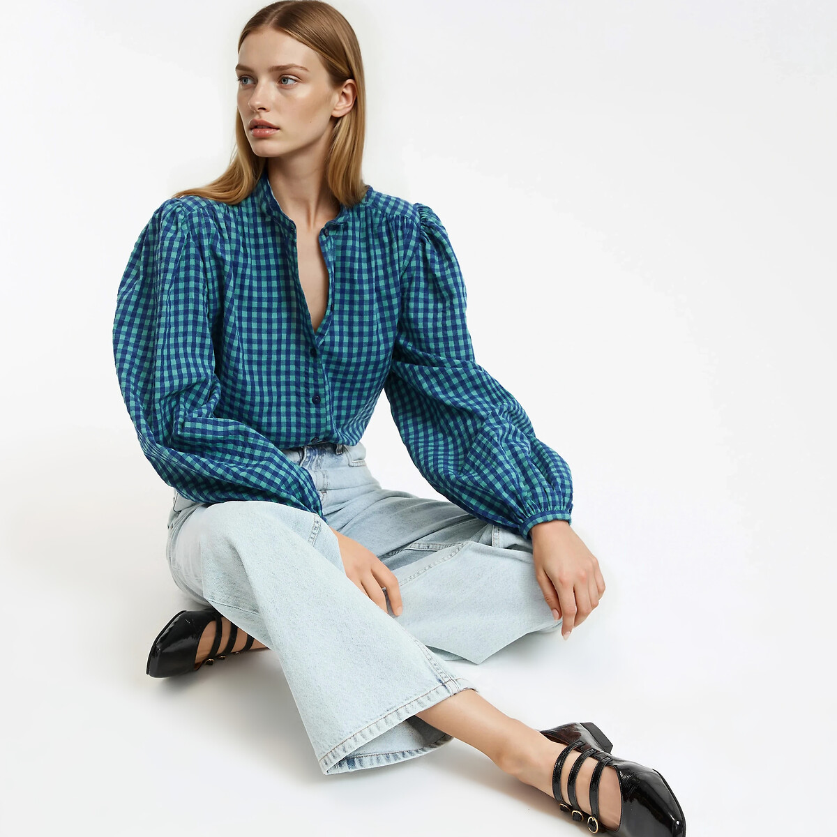 Signatures Lise Checked Shirt with Mandarin Collar checked blue/green, LA REDOUTE COLLECTIONS
